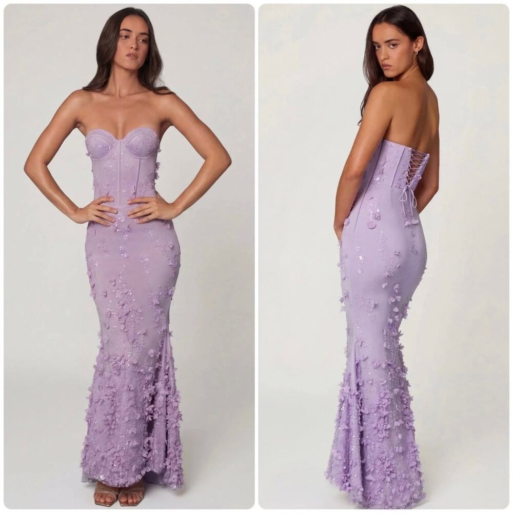 Oh Polly Amal Lace-Up Corset Maxi Dress Gown Floral in Lilac Size 8